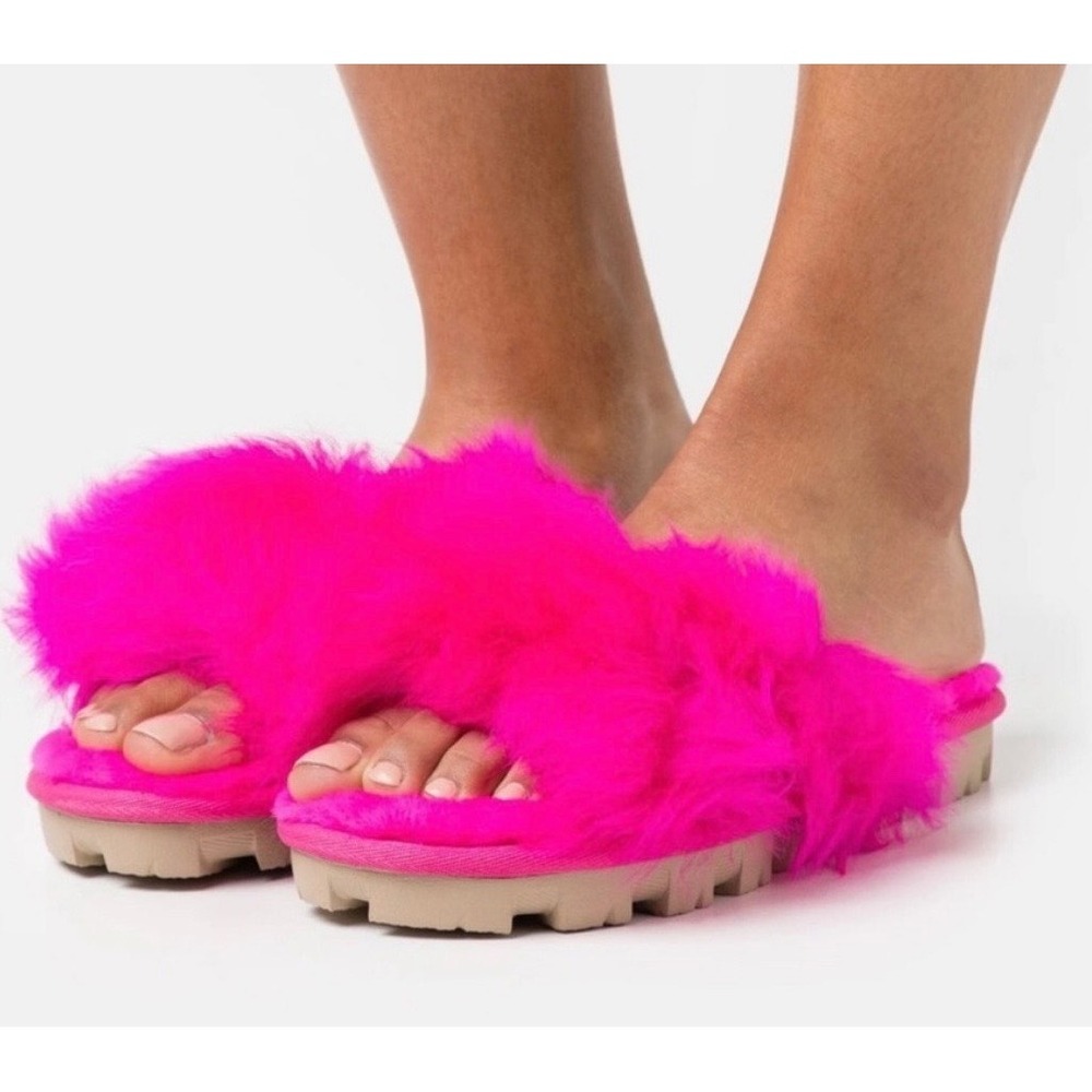 UGG Fluffita Neon Pink Sheepskin Platform Slide Sandals 1113470 Womens 6